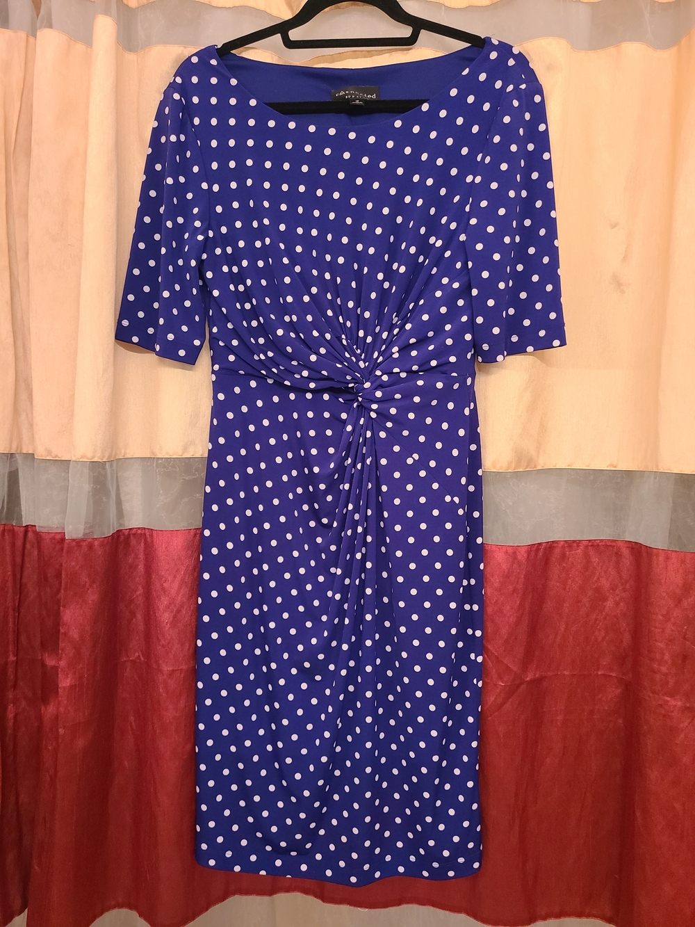 Connected Apparel-Blue Polka Dot Knot-Front Women's Dress- 12